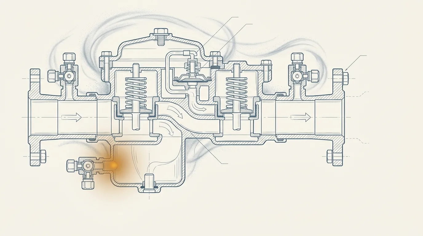 Illustrated cross-section of a sprinkler backflow valve assembly, annotated, with a frost-wisp halo and a small work-light glow